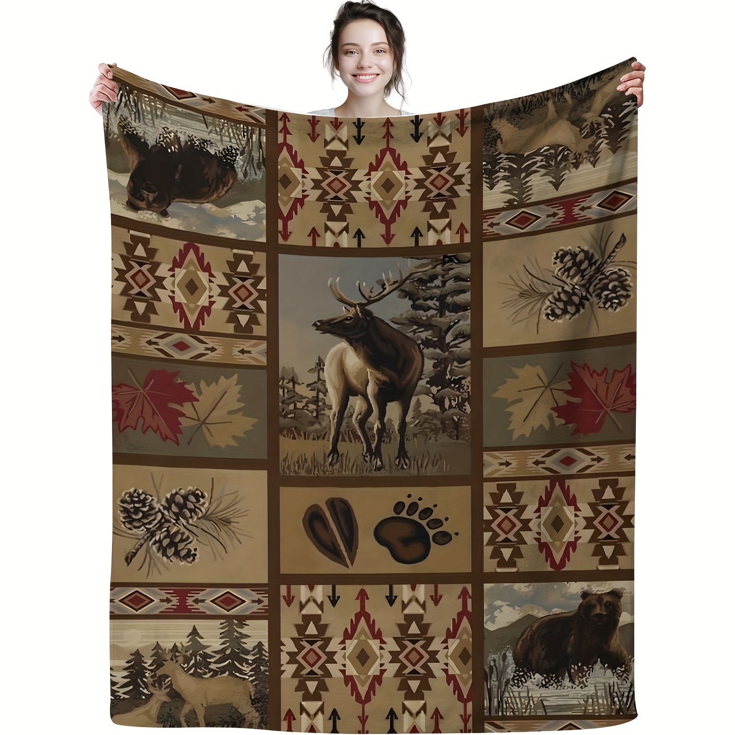 

Style Knitted Polyester Throw Blanket With Wilderness Wildlife Pattern, Soft Flannel Fleece, Animal Theme, All-season Comfort – Rustic Elk, Bear, Pinecone Design For Wildlife Enthusiasts