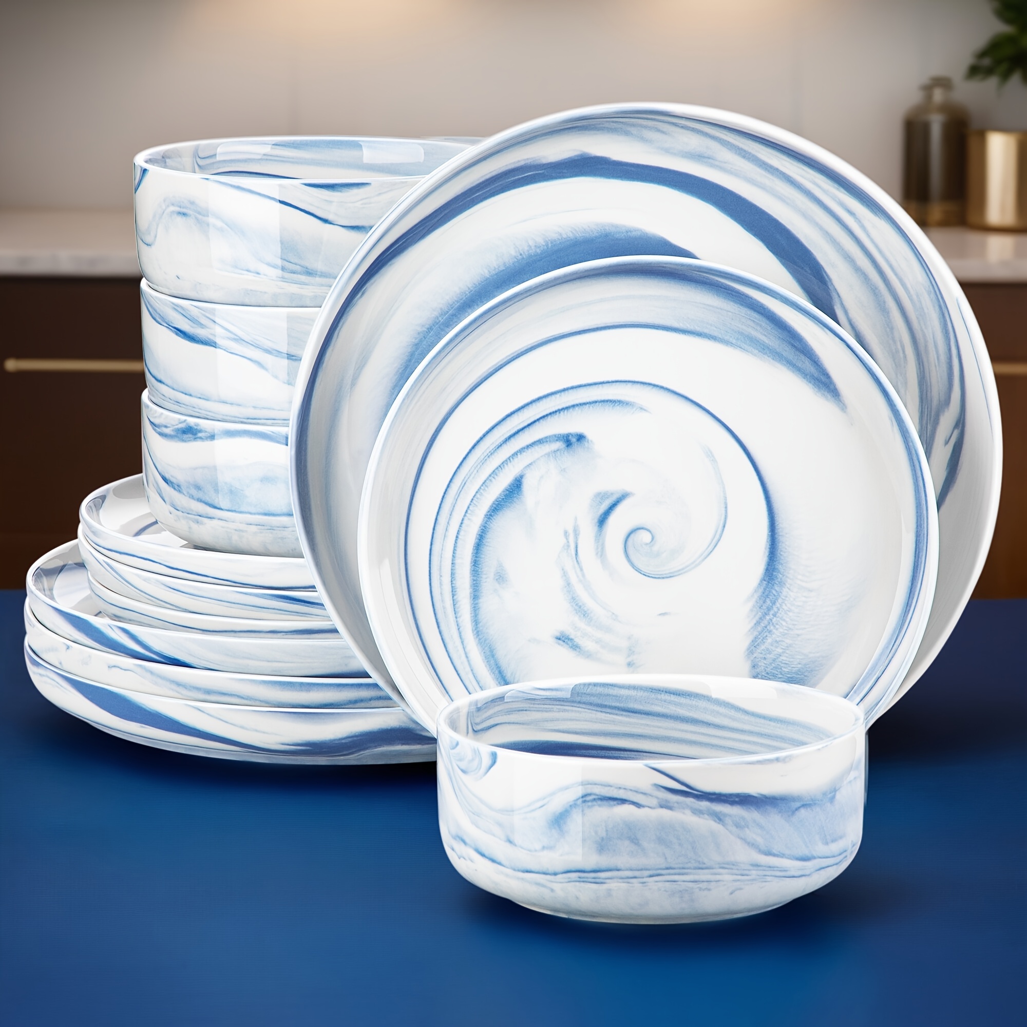 12pcs Dinner Set Blue Porcelain Tableware Plate Bowl Set Service For 4