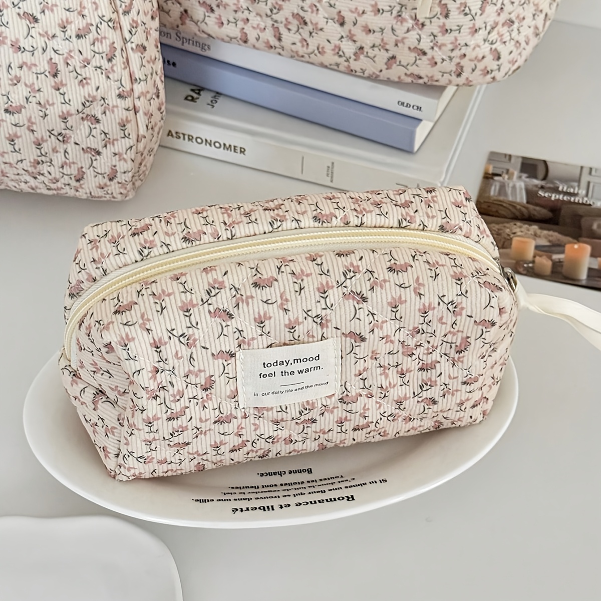E-shop 1/3 Stück Cord Pink Blumenmuster Damen Make-up Tasche, Tragbare Große Kapazität Reise Make-up Tasche, Achteckige Make-up Pinsel