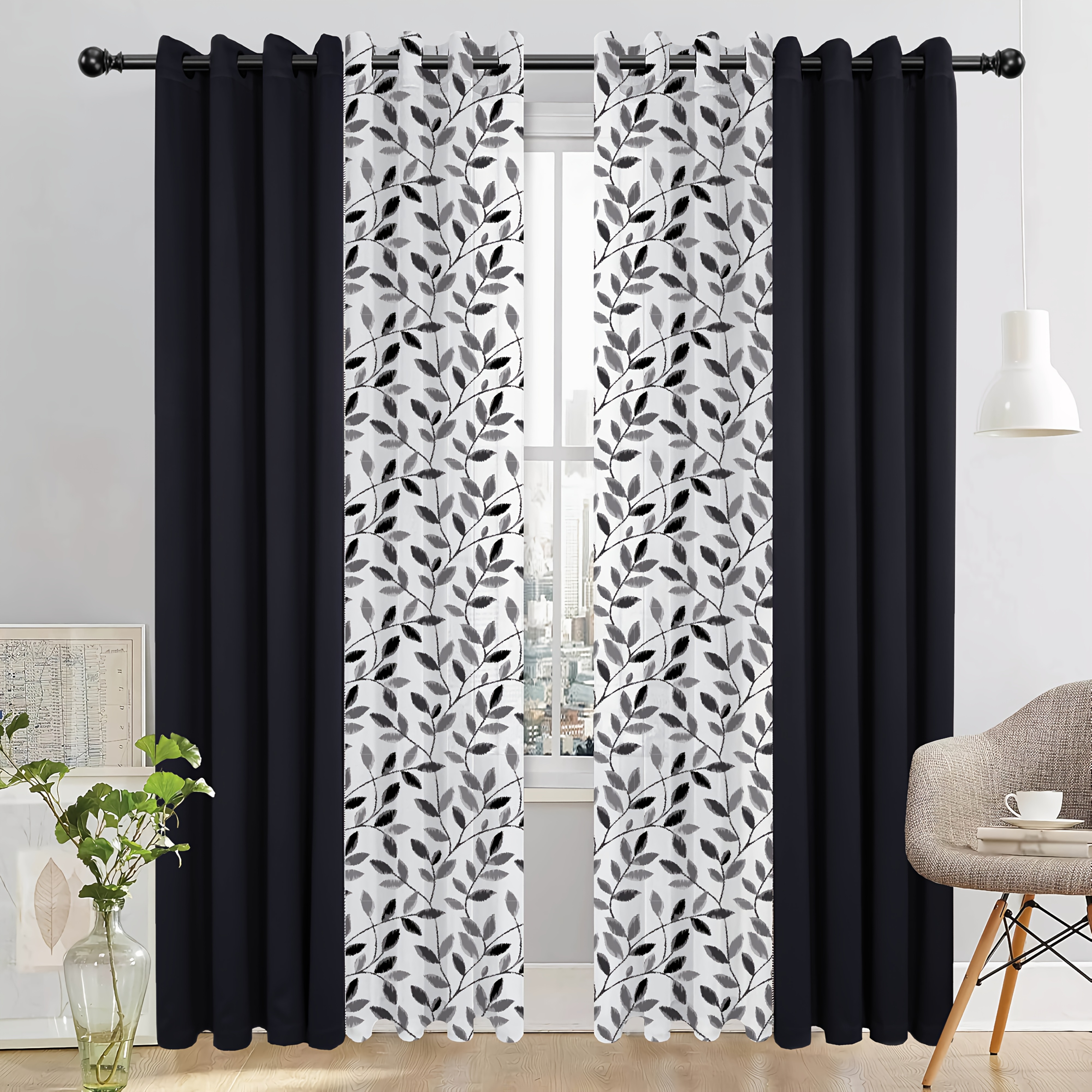 Elegant 4pcs Blackout Curtain Set with Spring Leaf Print