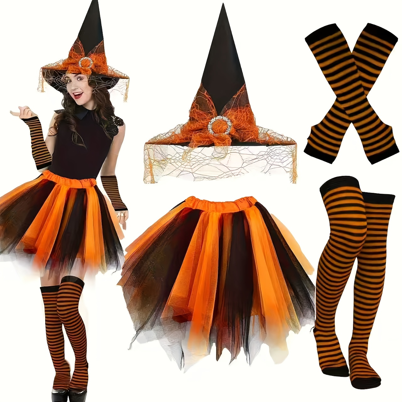 TEMU Costume de sorcière complet pour femme, 4 pièces, pour Halloween - Chapeau pointu violet et noir, bas rayés montants, jupe babydoll à volants et