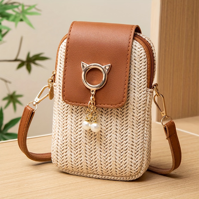 

Chic Woven Crossbody Phone Bag With Adjustable Strap, Zipper Closure & Magnetic Accents - Lightweight, Stylish Commuter Purse For Daily Use, Parties & College, Phone Purse