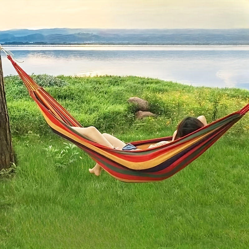 

Colorful Canvas Hammock With Curved Wood Bar, Anti-rollover Design, Single Or Double Hammock, Outdoor Camping Supplies