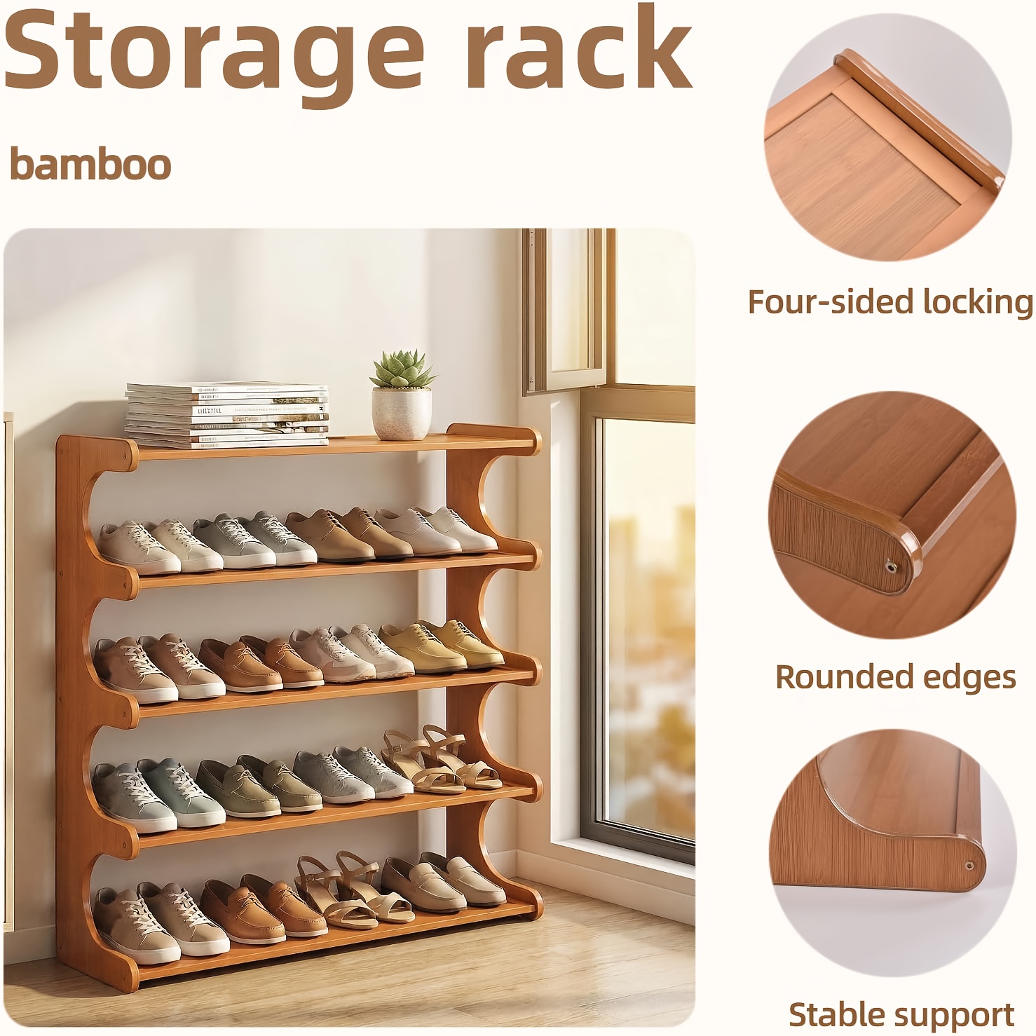 Bamboo Shoe Rack, 4/5/6-Tier Organizer with Rounded Corners