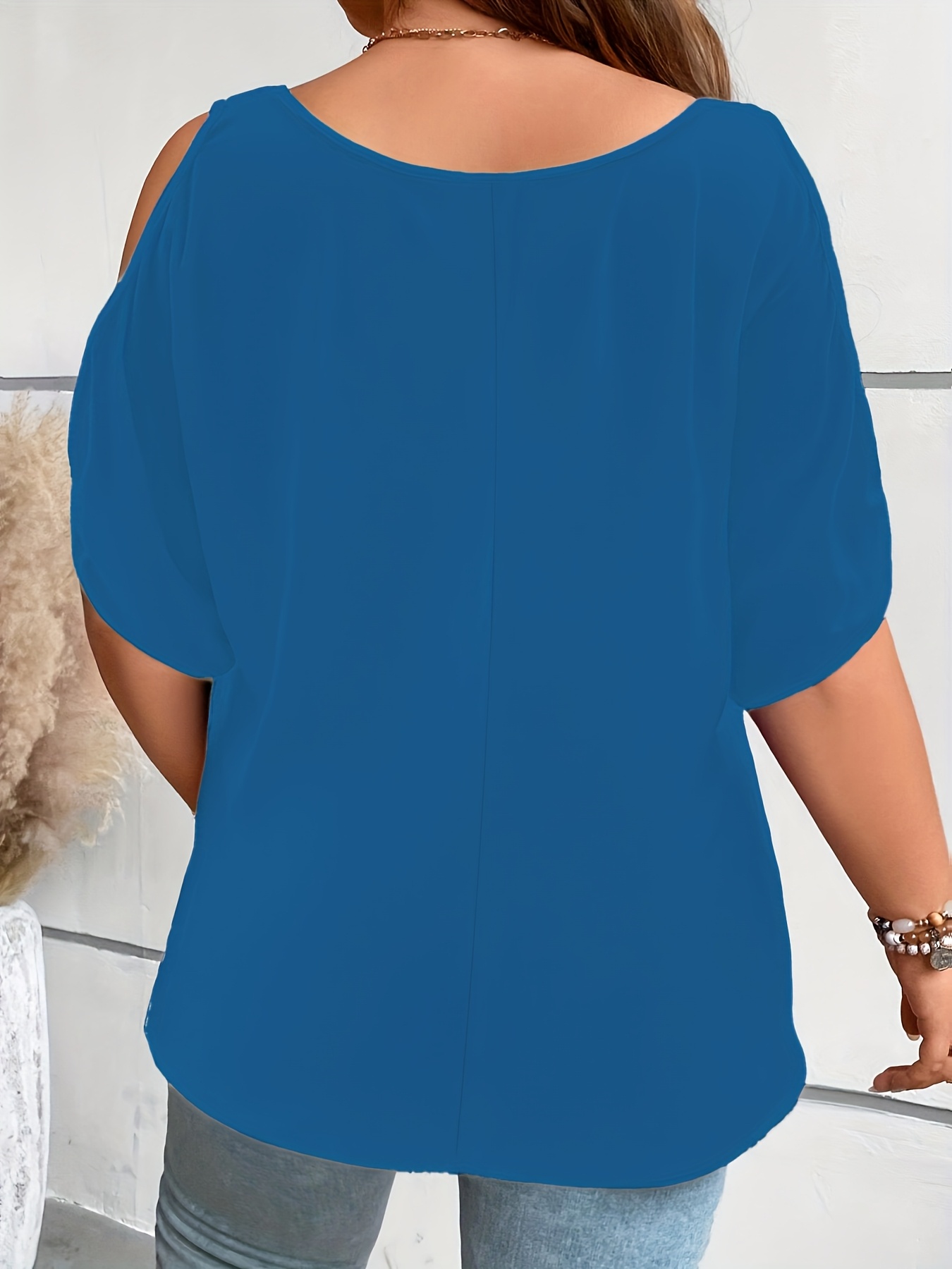 Plus Size Solid Cold Shoulder T-Shirt, Casual Crew Neck Short Sleeve T-Shirt, Women's Plus Size?Clothing