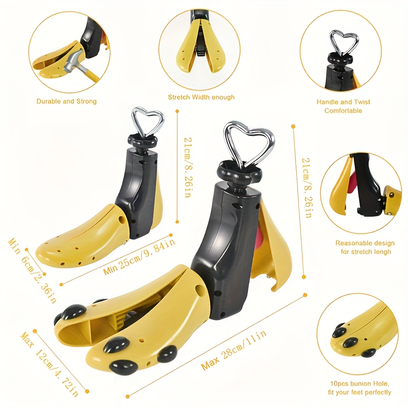 2pcs (1pc shoe stretcher+1pc shoe puller) WoJia adjustable Men's and Women's shoe stretcher - yellow and black plastic design, suitable for artificial shoes, boots, sports shoes, casual and Sneakers perfect for Valentine's Day