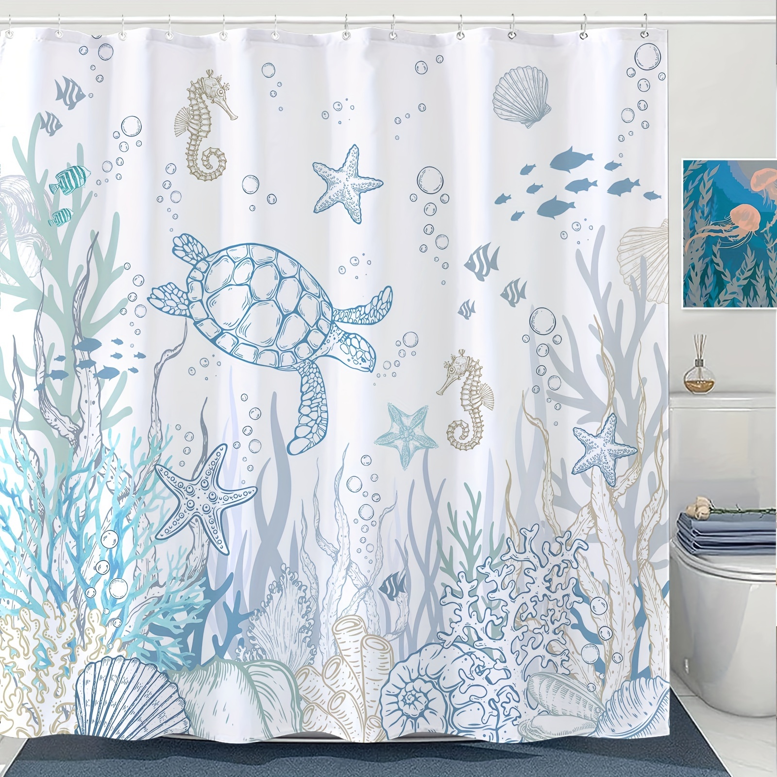 TEMU Nautical Coastal Turtle Shower Curtain, Coral Starfish Seashell Ocean Themed Bathroom Curtain, Underwater Seahorse Bathroom Decor Blue 72 X 72 Inch