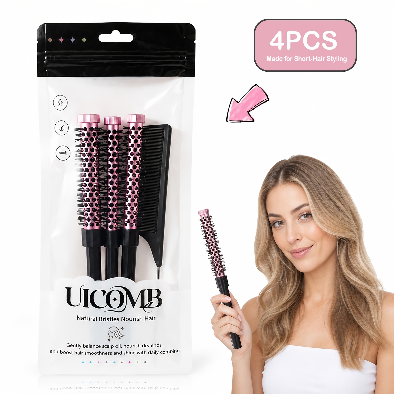 TEMU 4pcs Styling Combs, 3pcs Full-size Aluminum Tube Hot Combs And 1pc Steel Needle Styling Comb, High Forehead Hairstyle, Bangs Styling, Short Hair