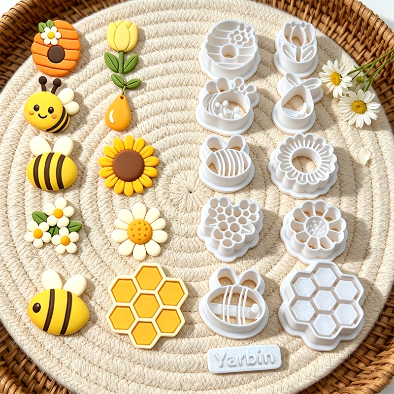TEMU 11pcs Bee And Floral Theme Plastic Clay Cutting Molds | Handcraft Tools For Polymer Clay Brooch Earring Pendant Making, , Reusable, Suitable For