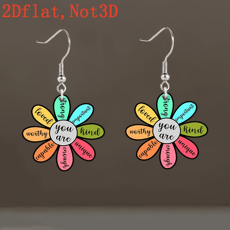 TEMU 2d Flat, Women's Floral Motivational Earrings - Lightweight Acrylic Pendant Jewelry With Positive Affirmations (lovely, , Strong, Beautiful,