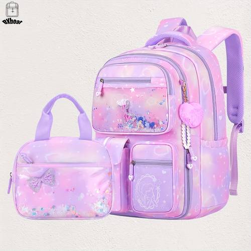 2pcs set large capacity casual girls backpack with lunch box bag non food contact student bag 15 6 inch bowknot school laptop backpack outdoor travel bag ideal for teenage girls school and travel for teenager