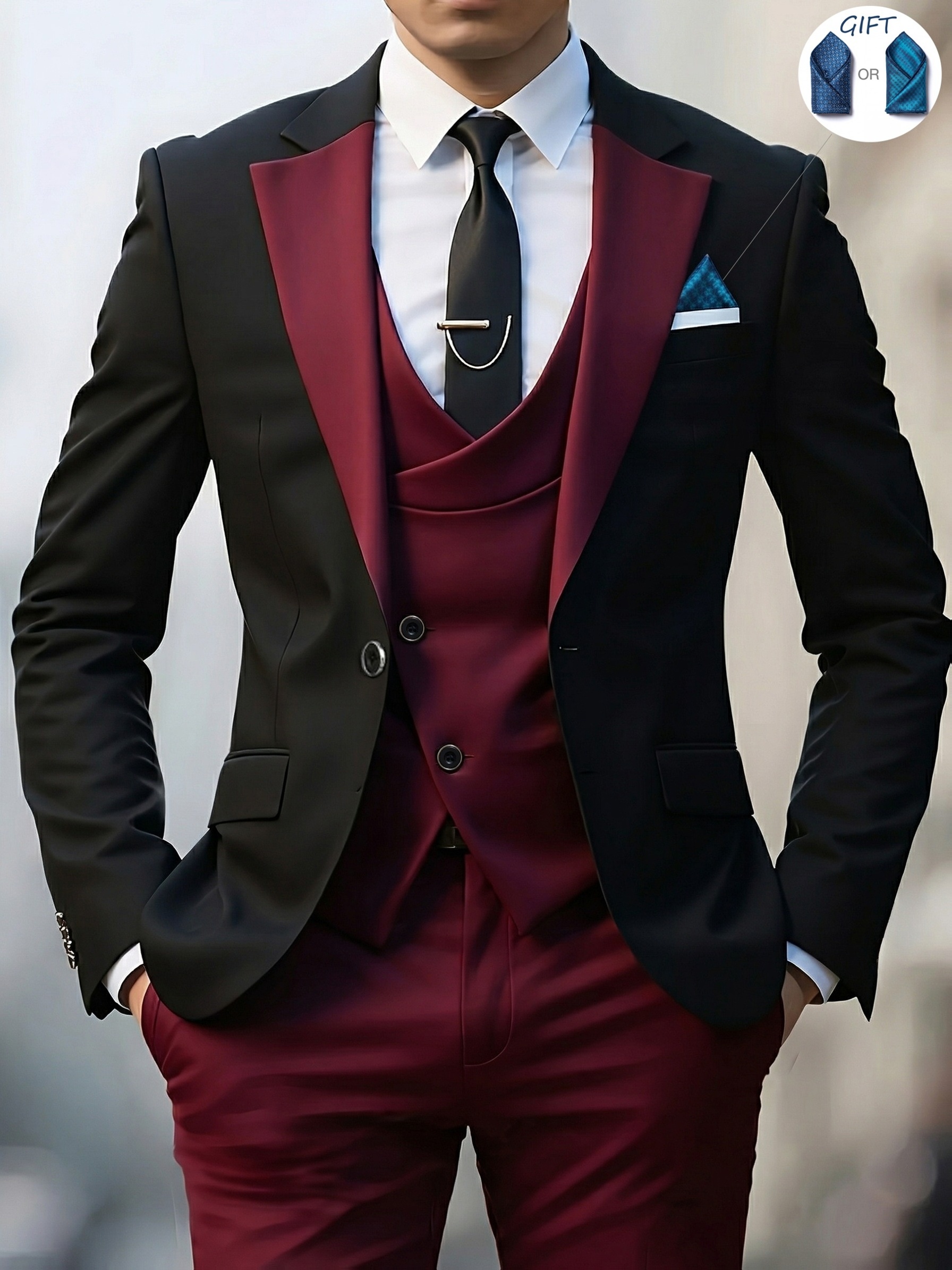 Ensemble costume élégant 3 pièces pour homme - Costume et pantalon coupe ajustée pour mariages et occasions formelles, convient pour réunions de bureau et événements élégants, tenue de cérémonie | Costume coupe ajustée | Costume de mariage durable. Inclut un mouchoir de poche à motif aléatoire.