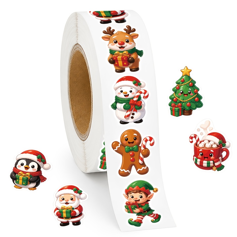 TEMU Rouleau de 500 autocollants de Noël, 10 de personnages de fêtes , autocollants de décoration de Noël auto-adhésifs pour emballage de cadeaux,