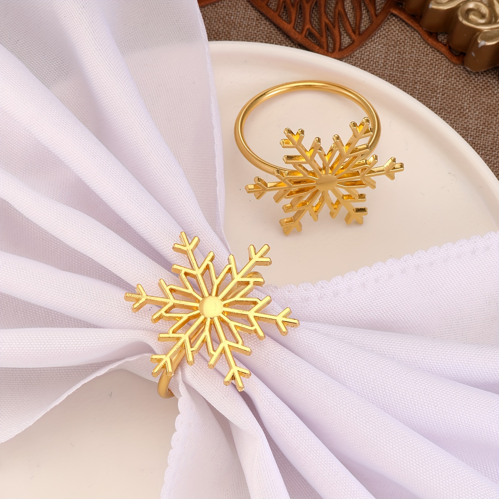 

12pcs Christmas Golden Snowflake Napkin Rings Set, Solid Color Polished Metal Napkin Holders For Holiday Dinner Table Decor