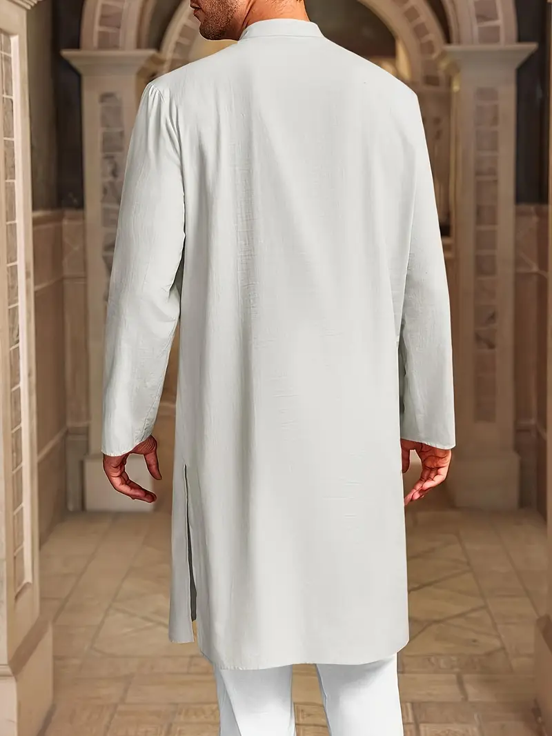 Cicy Bell Robe Caftan Homme Manches Longues Col V Henley Décontractée Fendu Coton Lin