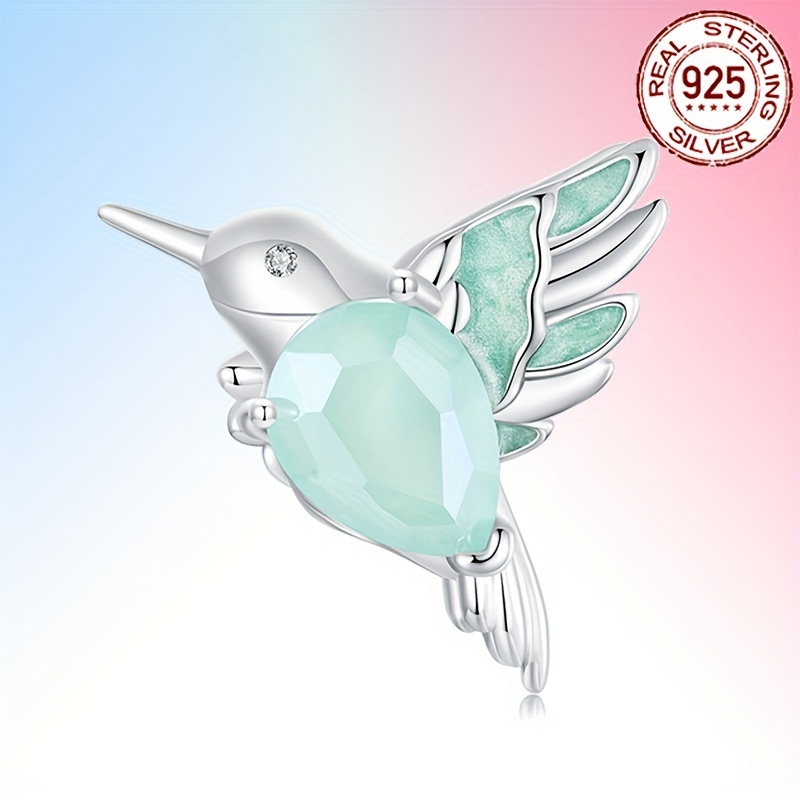 S925 Silver Charming Light Green Hummingbird Bead Charm