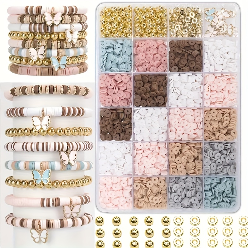 TEMU 1900+pcs Bohemian Style Colorful Polymer Clay Beads Jewelry Making Kit With Pendants Friendship Bracelet Set, With Golden Accents, Mixed Pink,