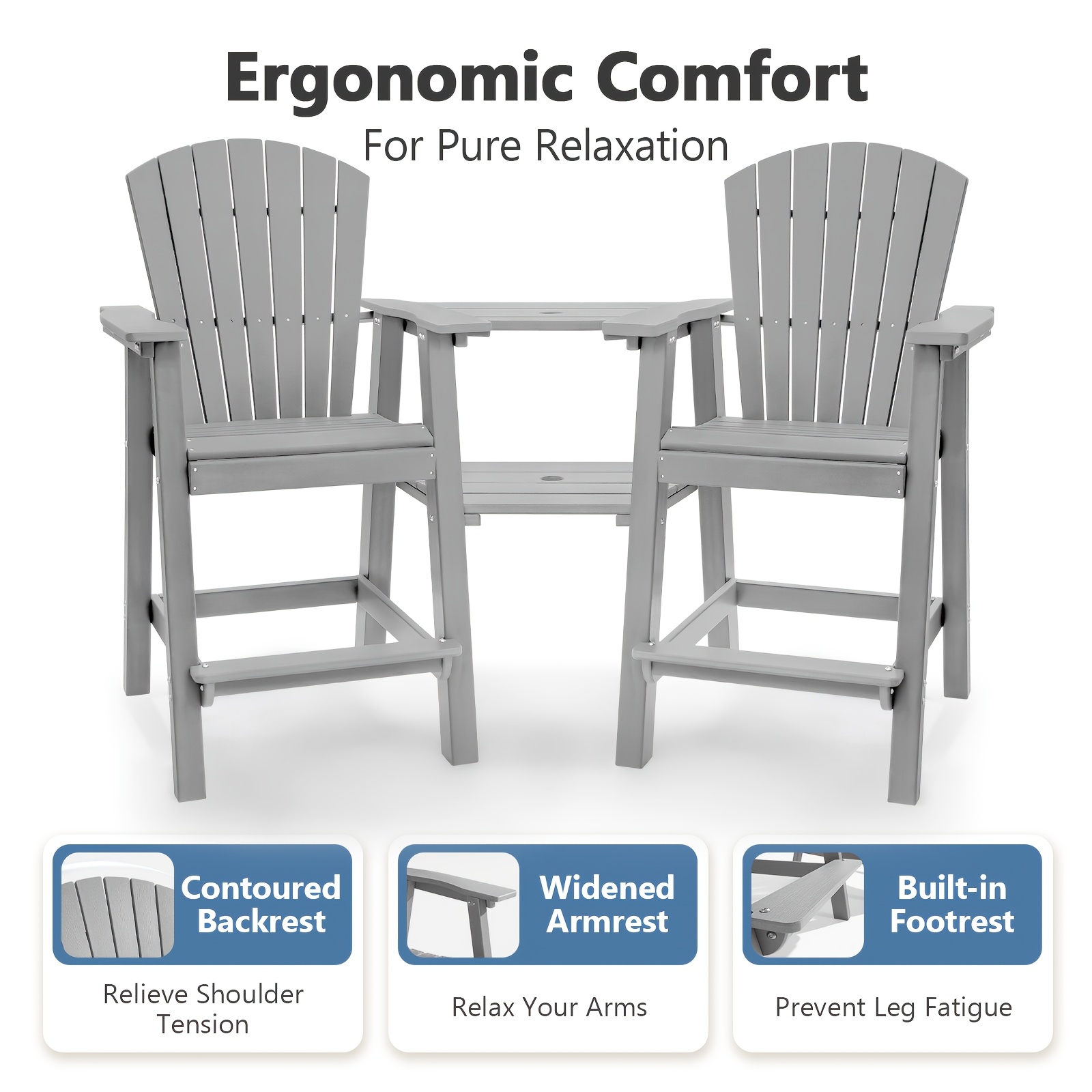 Embossed Balcony Chair, Tall Adirondack Chair Set Of 2 Outdoor Adirondack Barstools with Connecting Tray, High Airondack Chair with Wood Grain, Christmas & Halloween