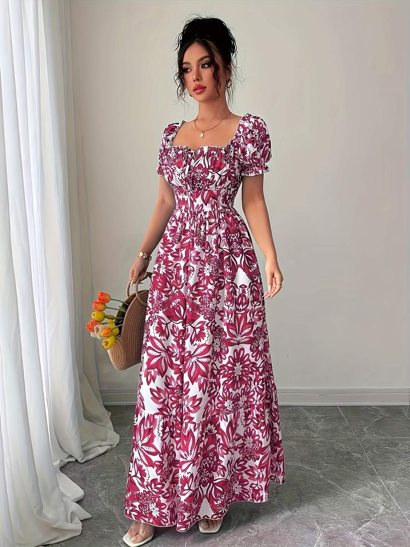 printed puff sleeve front tie waist back hollow long - Temu