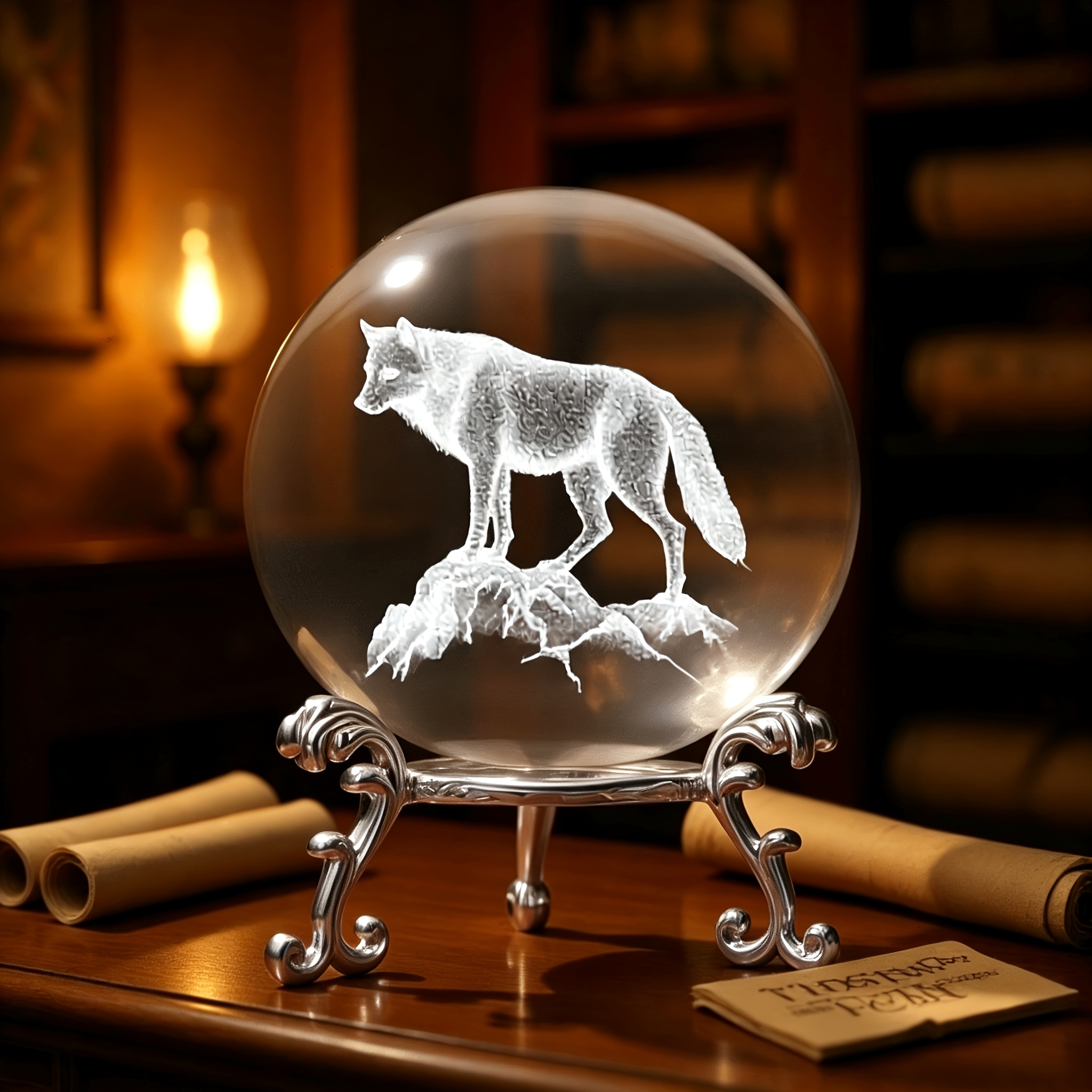 TEMU 1pc 60mm Laser-engraved Glass Wolf Sphere With Base - Wolf-themed Crystal Ball Suitable For Home Office Decor, Wedding Gift, Desktop Ornament,