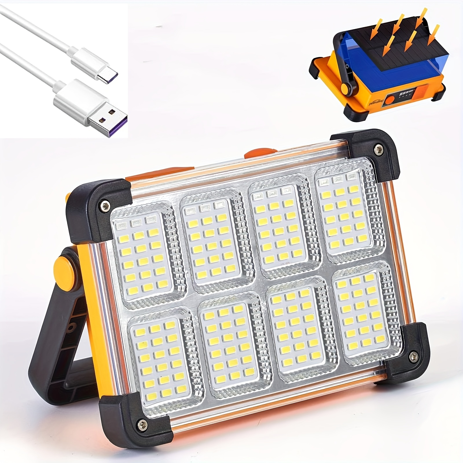 TEMU Solar Rechargeable Work Light, 144 Led Portable Flood Light With Stand, Ip44 Waterproof Power Bank 4 Led Lighting Flashlights For Mechanic