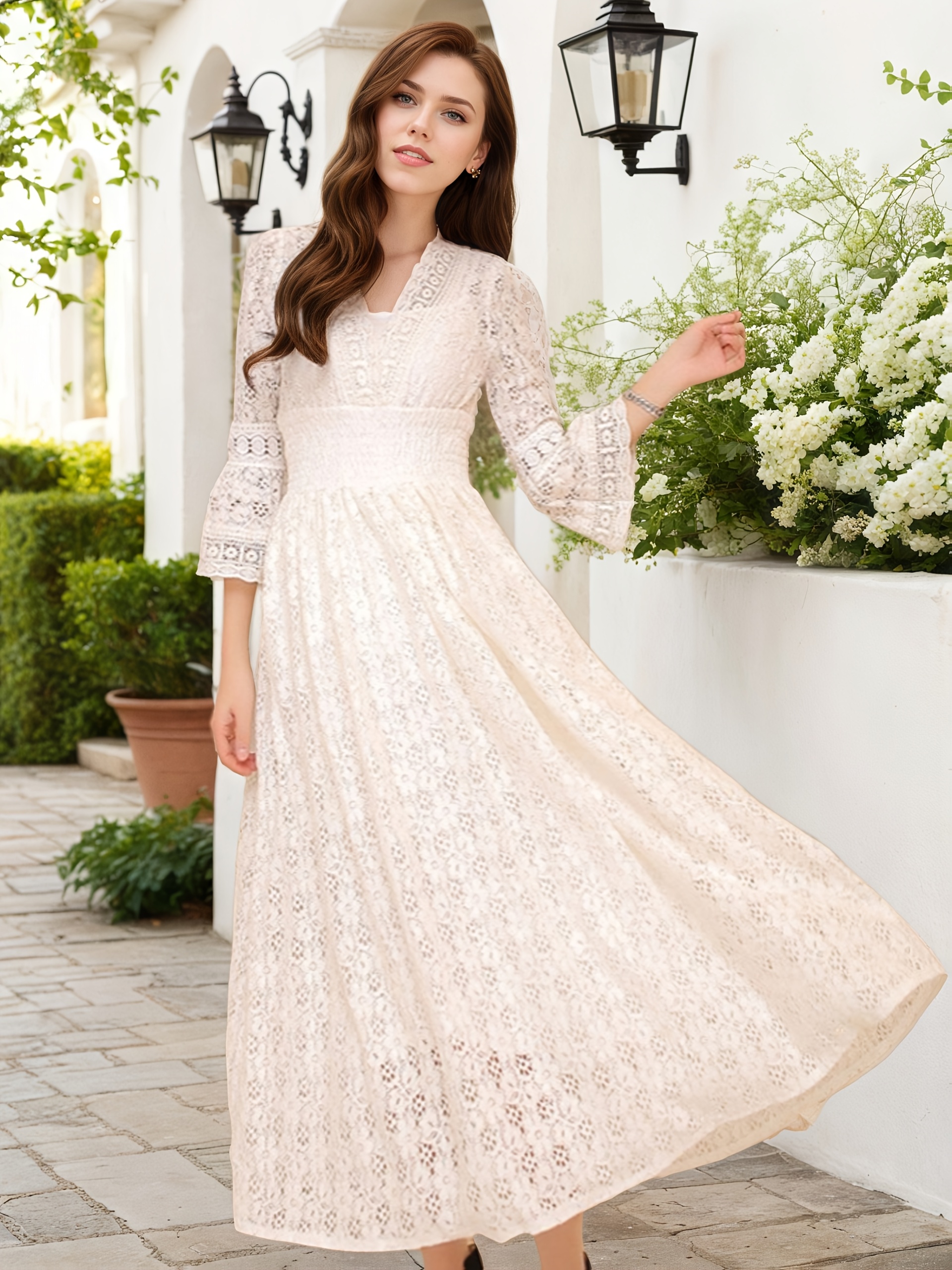 spring womens elegant fairy lace v neck fitted dress elastic