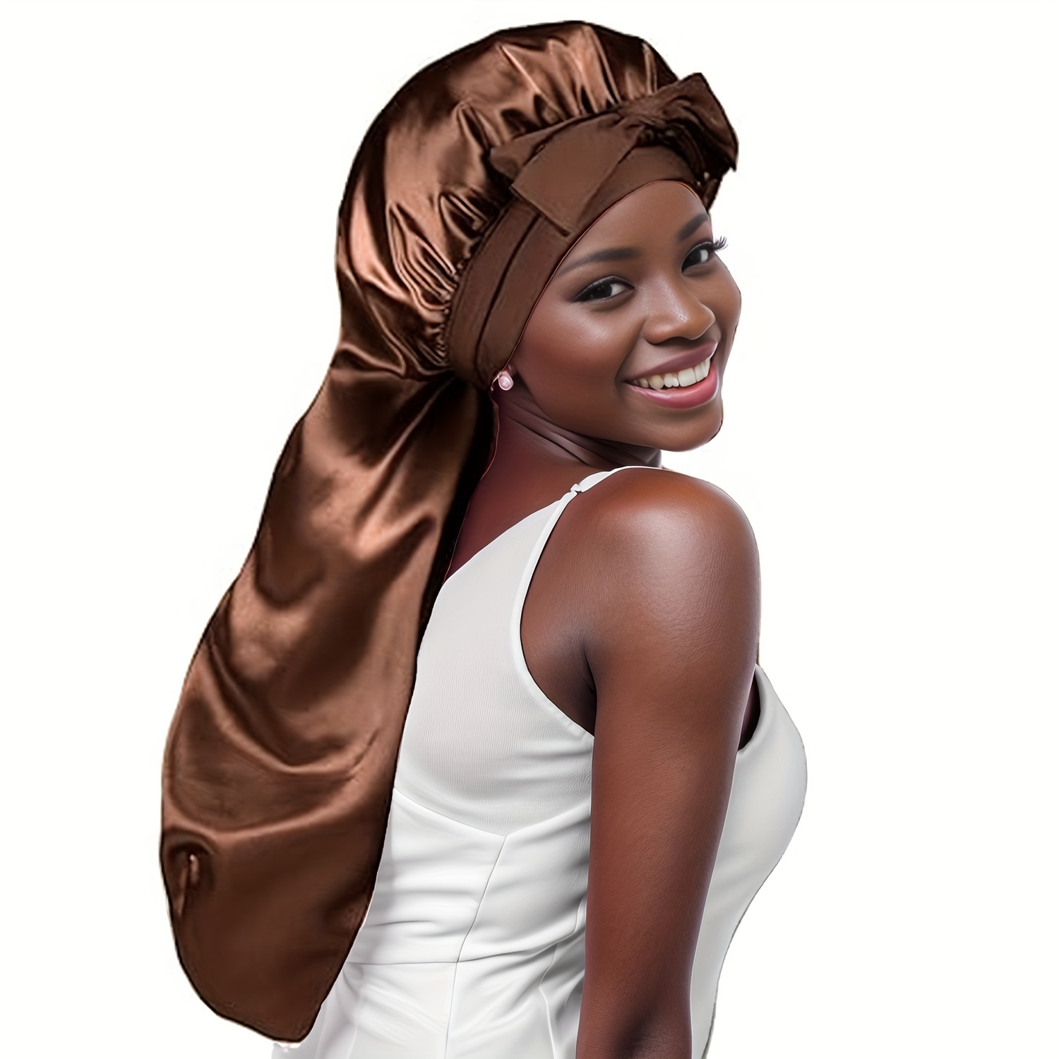 1 Womens Satin Bonnet Dual Flowing Ribbons Long Sleep