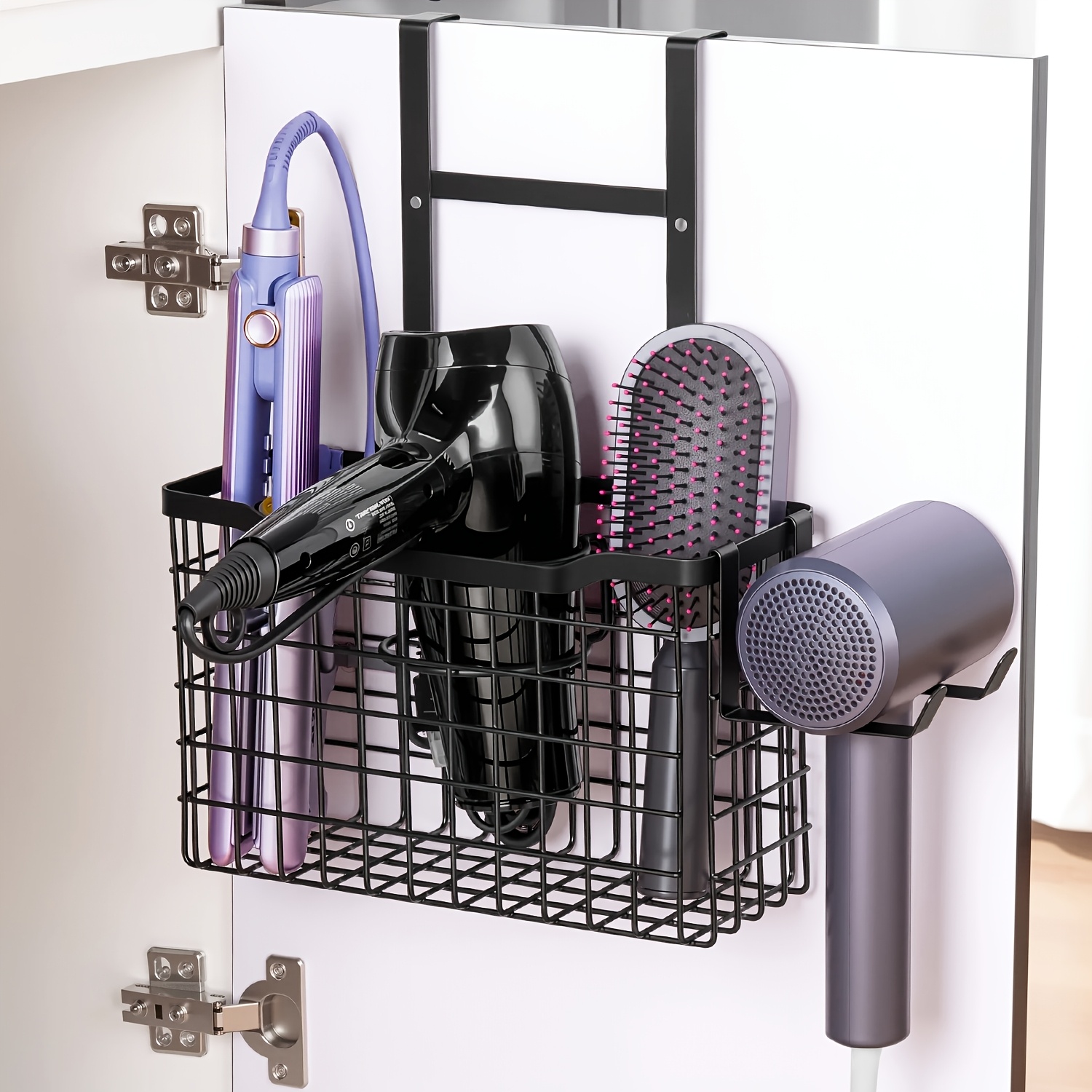 TEMU Hair Tool Organizer - Hair Dryer Holder 3 Adjustable Height, Bathroom Organizer Cabinet Door/wall Mounted For Hair Dryer, Curling Iron, Hair