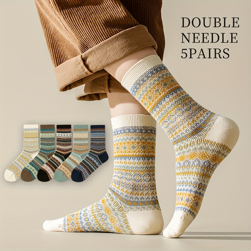 

5 Pairs Geo Striped Pattern Socks, Vintage Ethnic Style Mid Tube Socks For Fall & Winter, Women's Stockings & Hosiery