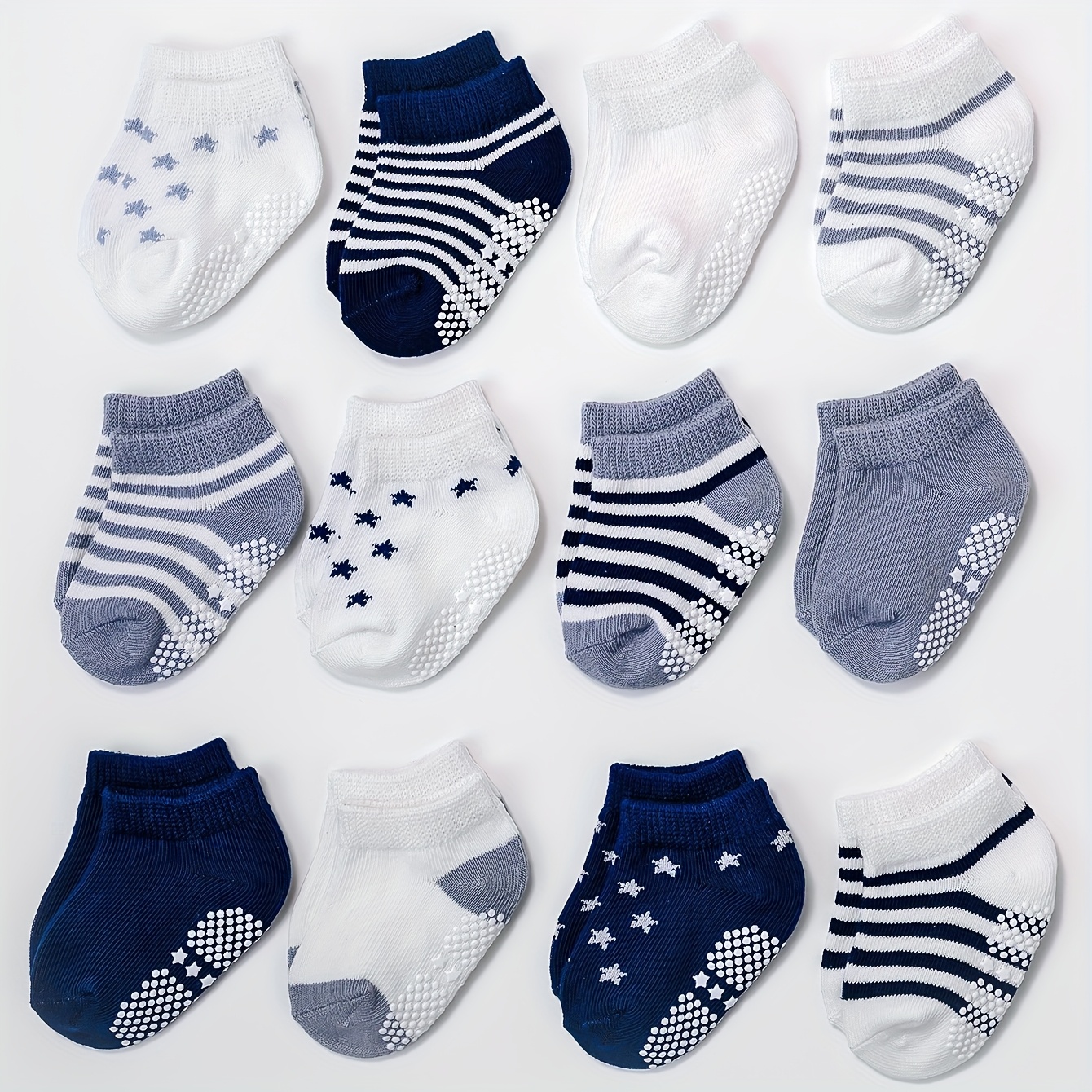Image of 12-pair Infant And Toddler Anti-slip Dot-grip Short Socks, Combed Cotton Striped Floor Socks For Boys And Girls