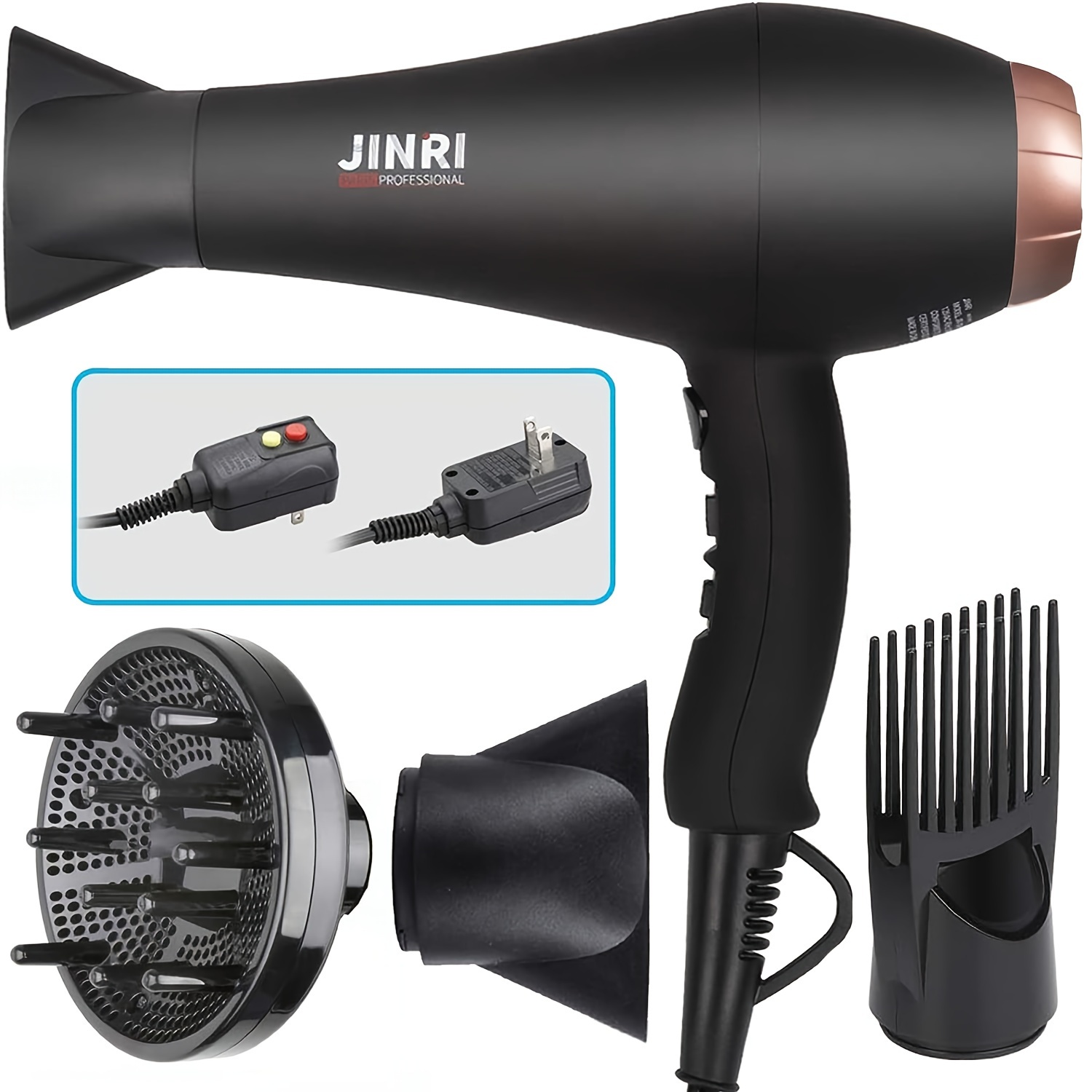 

Jinri 1875w Professional Salon Hair Dryer, Fast-drying & With Negative , Includes Diffuser, Concentrator & Styling Pick, 2 & 3 Heat Settings, Rose Golden, For All Hair Types