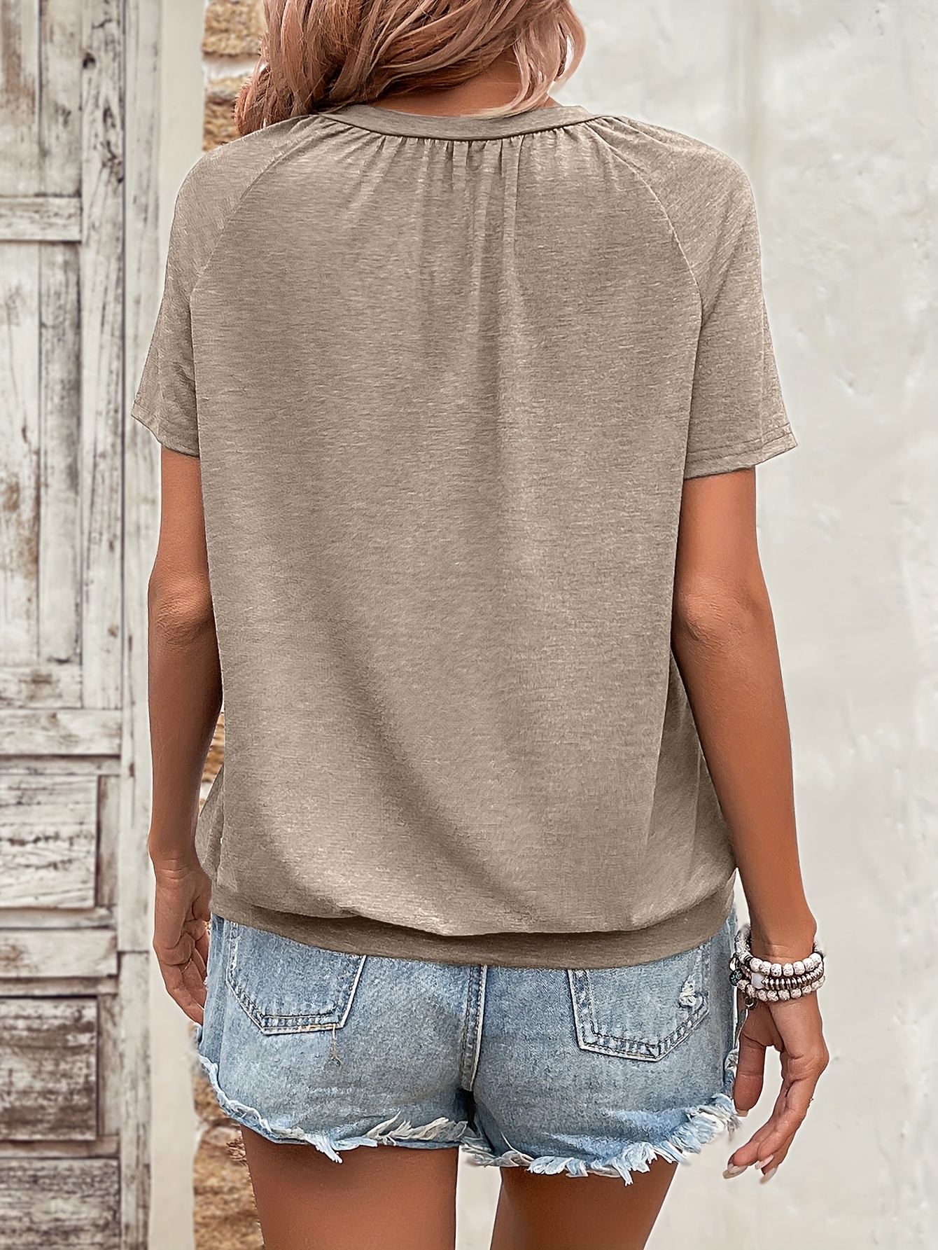 Solid Color V Neck T-Shirt, Casual Short Sleeve T-Shirt For Spring & Summer, Women's Clothing