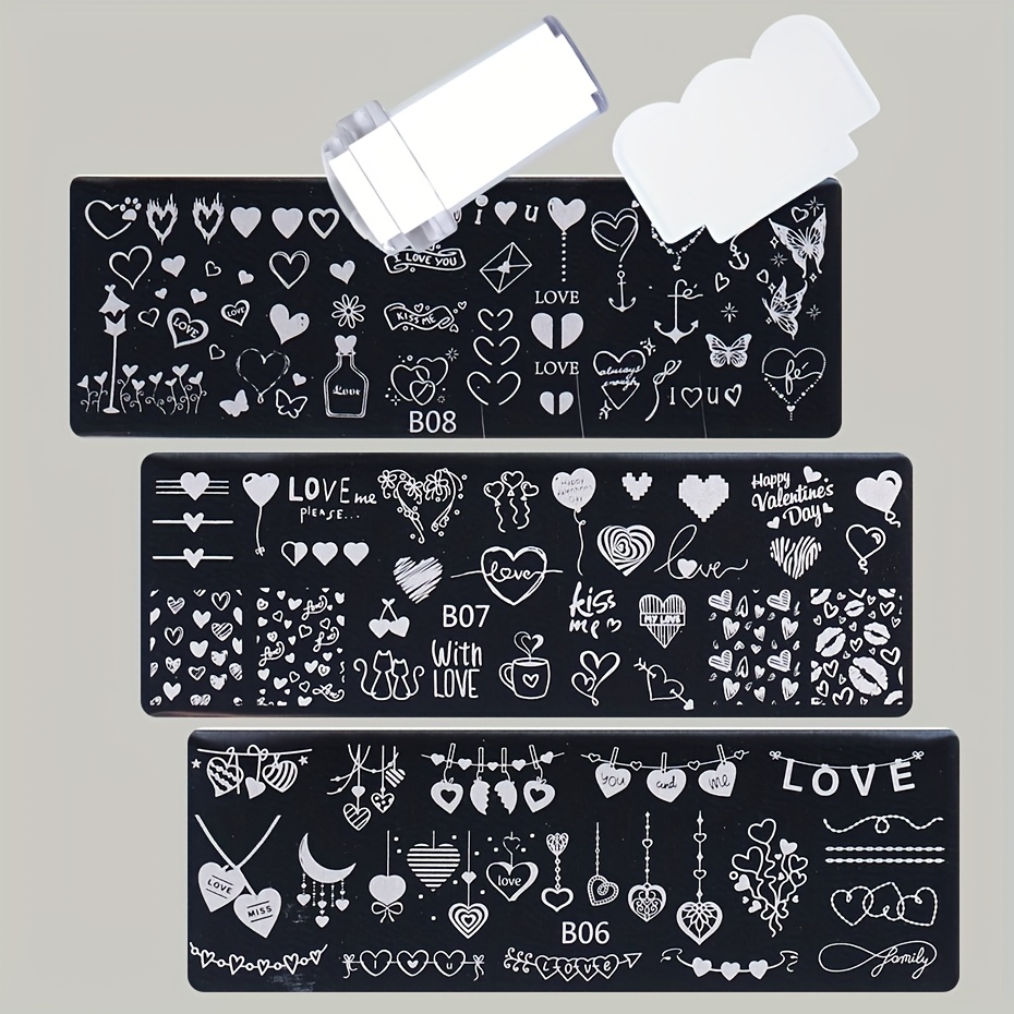 3 Valentine's Day Heart Nail Plates + Small Transparent Stamp B06+07+08