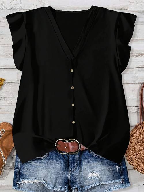 elegant womens solid color v neck button decorated flutter sleeve shirt