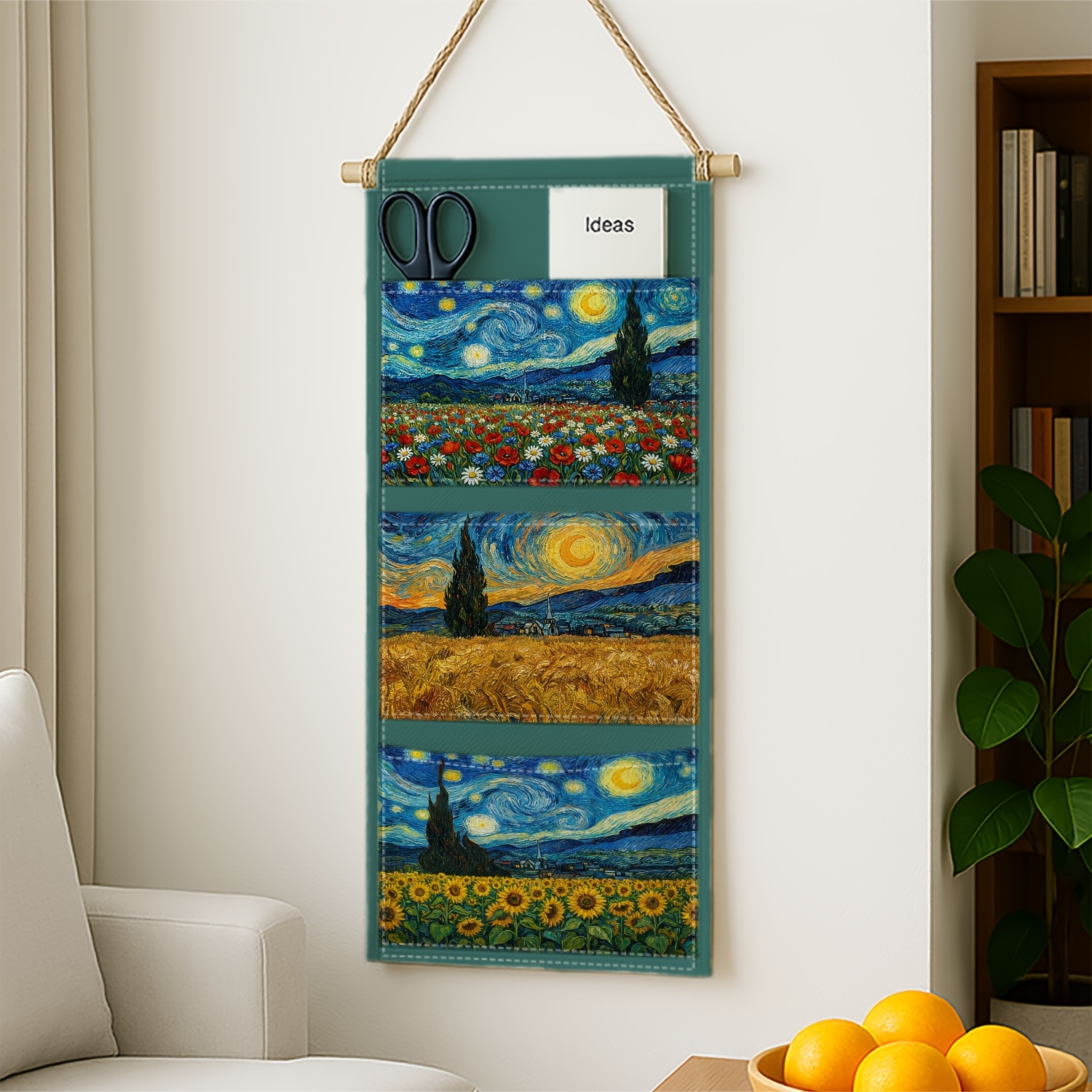 TEMU 1pc Starry Night Van Gogh Art 3-pocket Hanging Bag, Versatile Sunflower Field Blue Storage Bag, Home Organization And Storage Bag, Bedroom