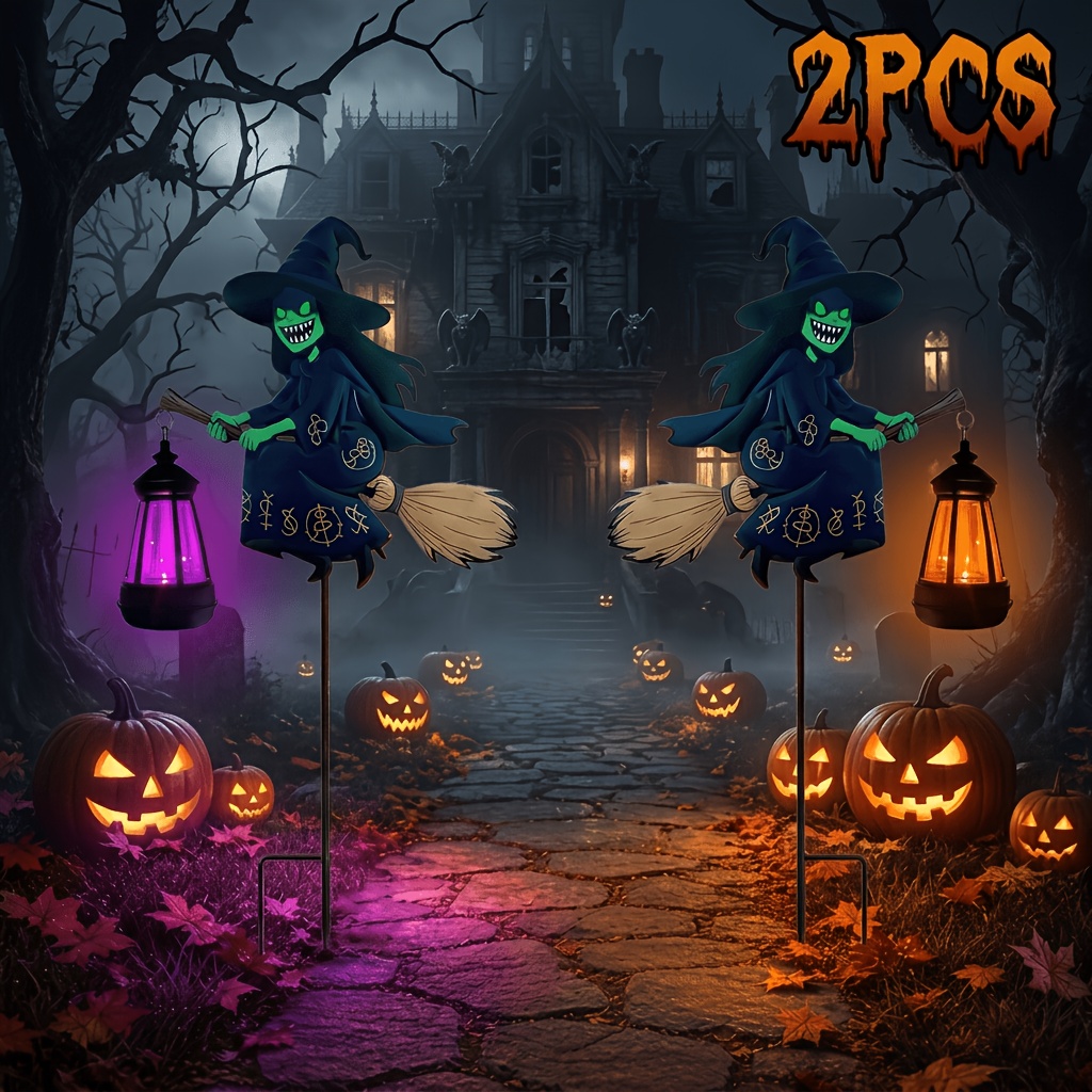 Image of 1/2pcs Solar Hanging Lantern Lights, Halloween Witch Outdoor Garden Lights, 800mah, Ip44, Decorative Lights For Yard, Lawn, Porch, Fence, Patio And Party Decor