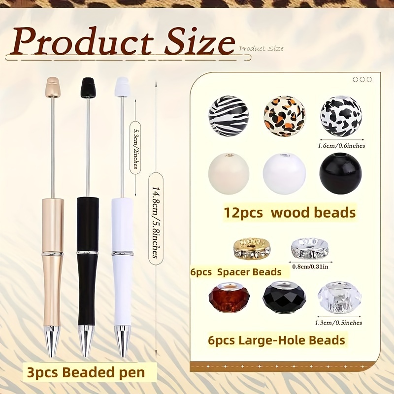 TEMU 27pcs Round Ballpoint Pen Set Making Set Including 3 Pens, 12 Wooden Beads, 6 Large Hole Beads, 6 Beads, And Supplies, Ballpoint Pen, Print Bead Pen