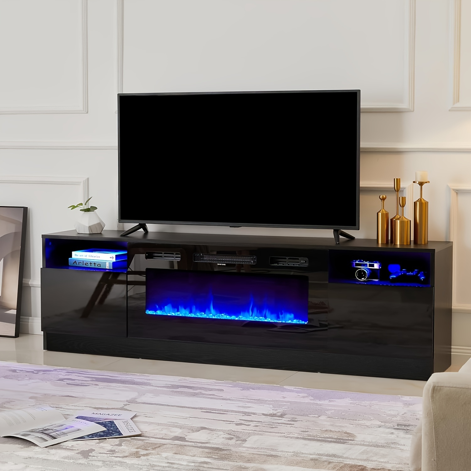 

Black 70 Inches, Contemporary Wood Entertainment Stand With Built-in Electric Fireplace, Led Lighting, And Abundant Storage