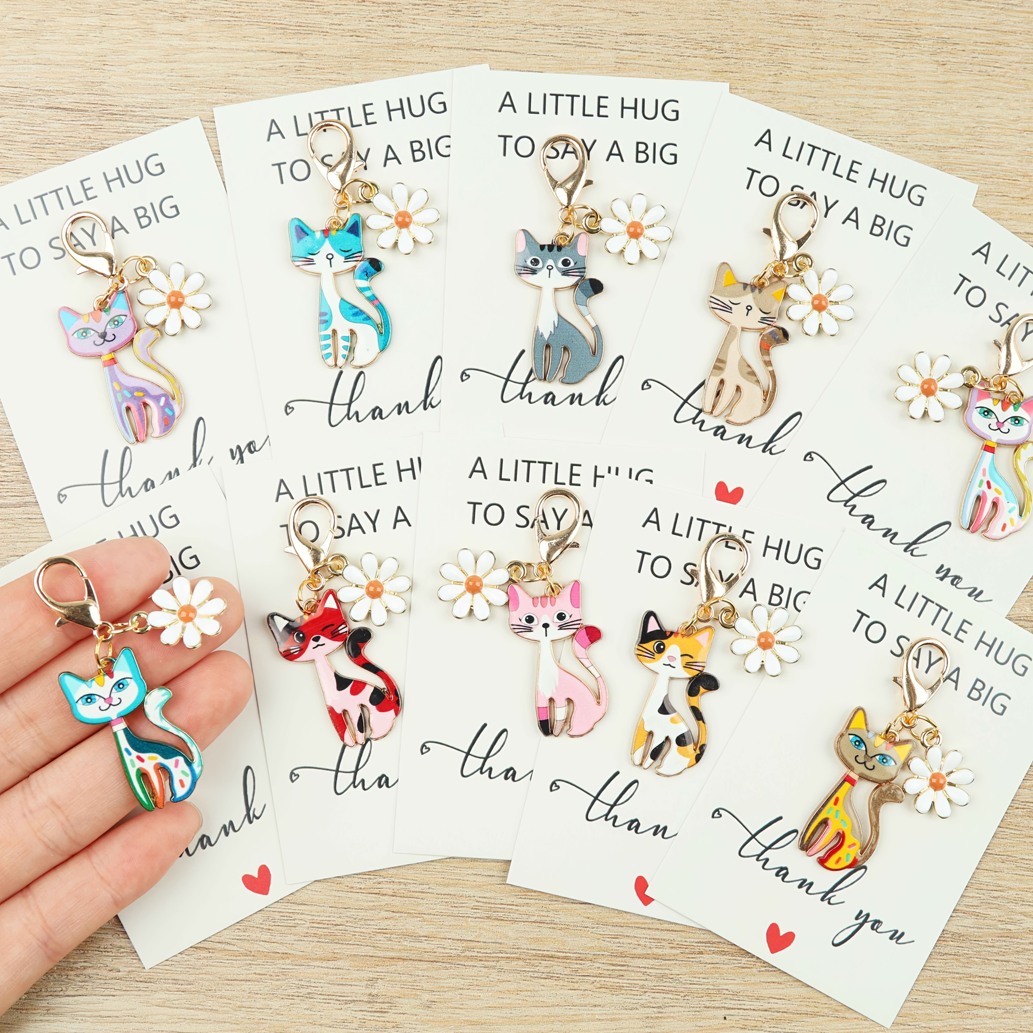 TEMU 10pcs Cat And Daisy Flower Keychain Set, Thank You Greeting Card, Decorative Vintage-style Creative Small Gift Keychain, Cartoon Animal Pendant,
