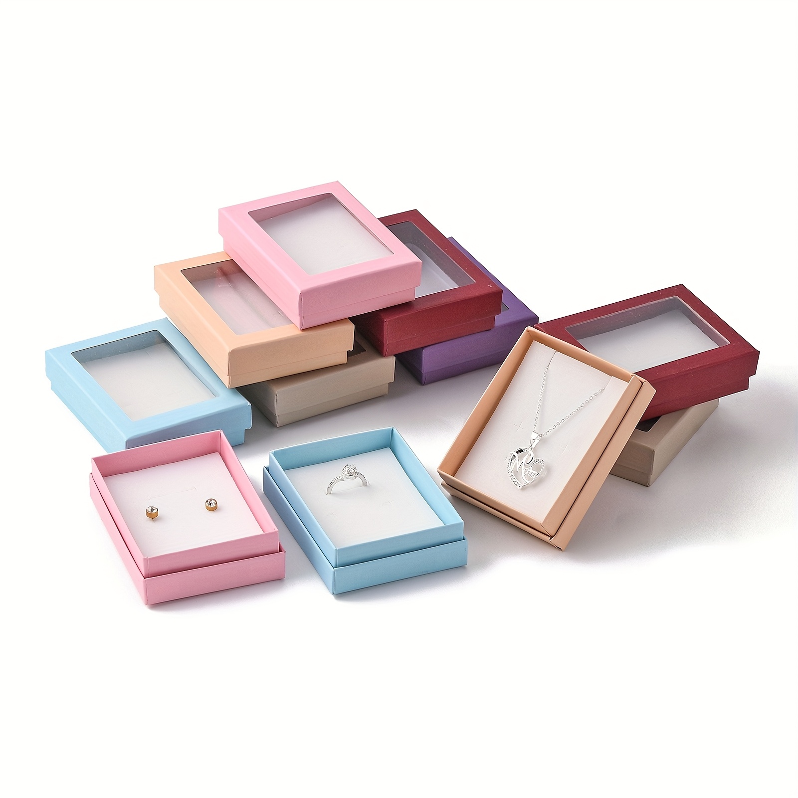 TEMU 12 Piezas Cajas de Joyería de Cartón Rectangulares con Ventana Transparente y Esponja Interior, Estuche para Anillos, Collares y Aretes