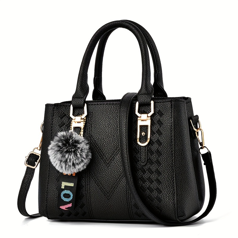 

Elegant Women's Embroidered Synthetic Leather Tote Bag With Pom Pom Charm, Shoulder & Crossbody Purse For Dates And Parties - Black, Ladies Handbags