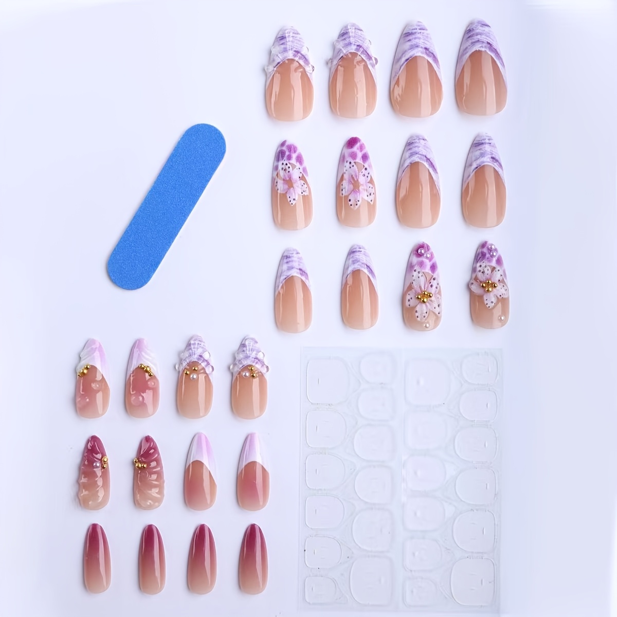 TEMU 24pcs Almond Fake Nails With Purple Gradient, Summer Purple Floral Print, Suitable For Students And Office Workers, Press-on Nails, Nail Art