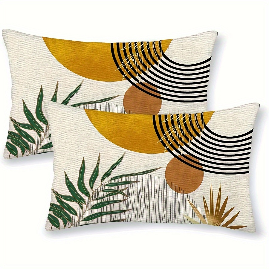 

2pcs Housses de Coussin Boho Chic - Vert, Jaune & Doré avec Design de Feuilles | Décor de Ferme du du Siècle | Housse de Coussin en Mélange de Lin avec Fermeture Éclair pour Canapé Maison