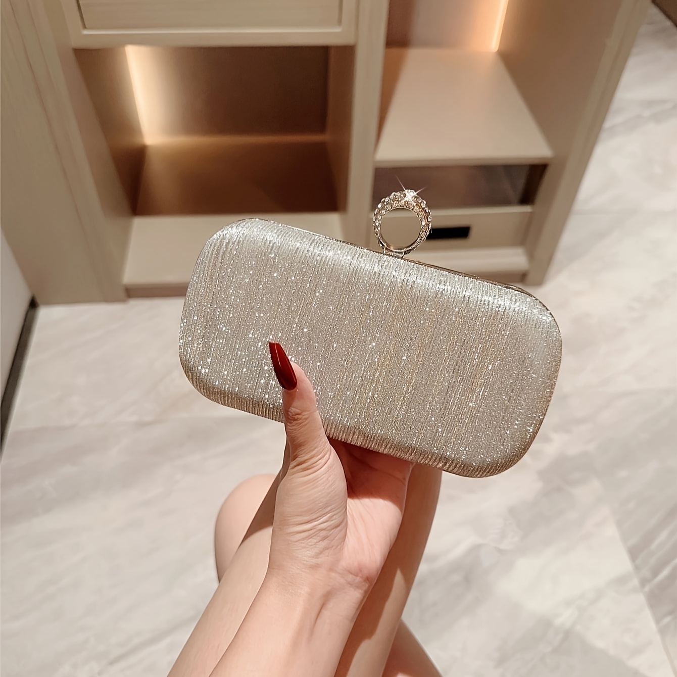 

1pc Elegant Women's Evening Clutch Bag, Glittering Rhinestone Ring Handle, Fashionable Gritta Leather Crossbody Purse, Polyester Lined, Zip Closure, Solid Color, For Formal Parties And Banquets