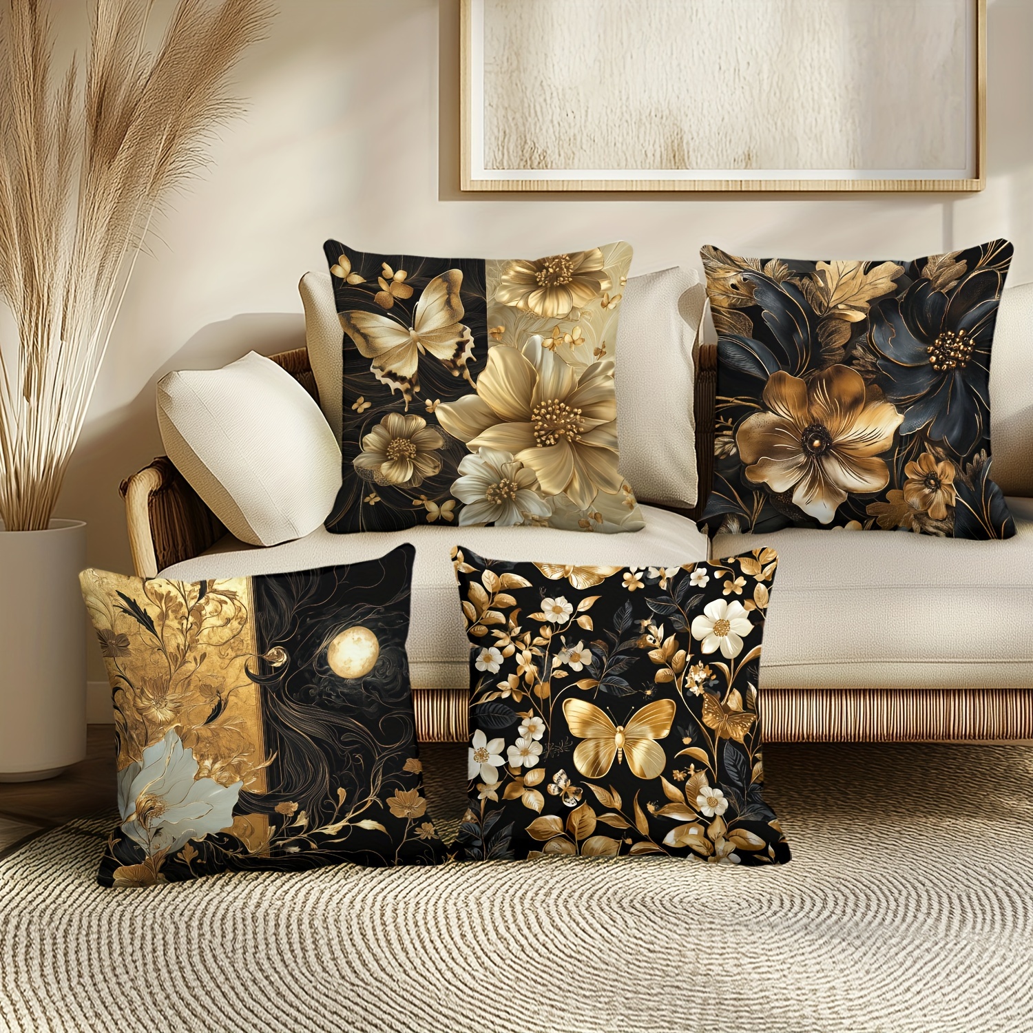 

4-pack Traditional-style Throw Pillow Covers With Golden Butterflies, Floral & Leaf Design, Zippered Polyester Cushion Cases, 18x18 Inches, Machine Washable For Home Decor, Living Room Accent