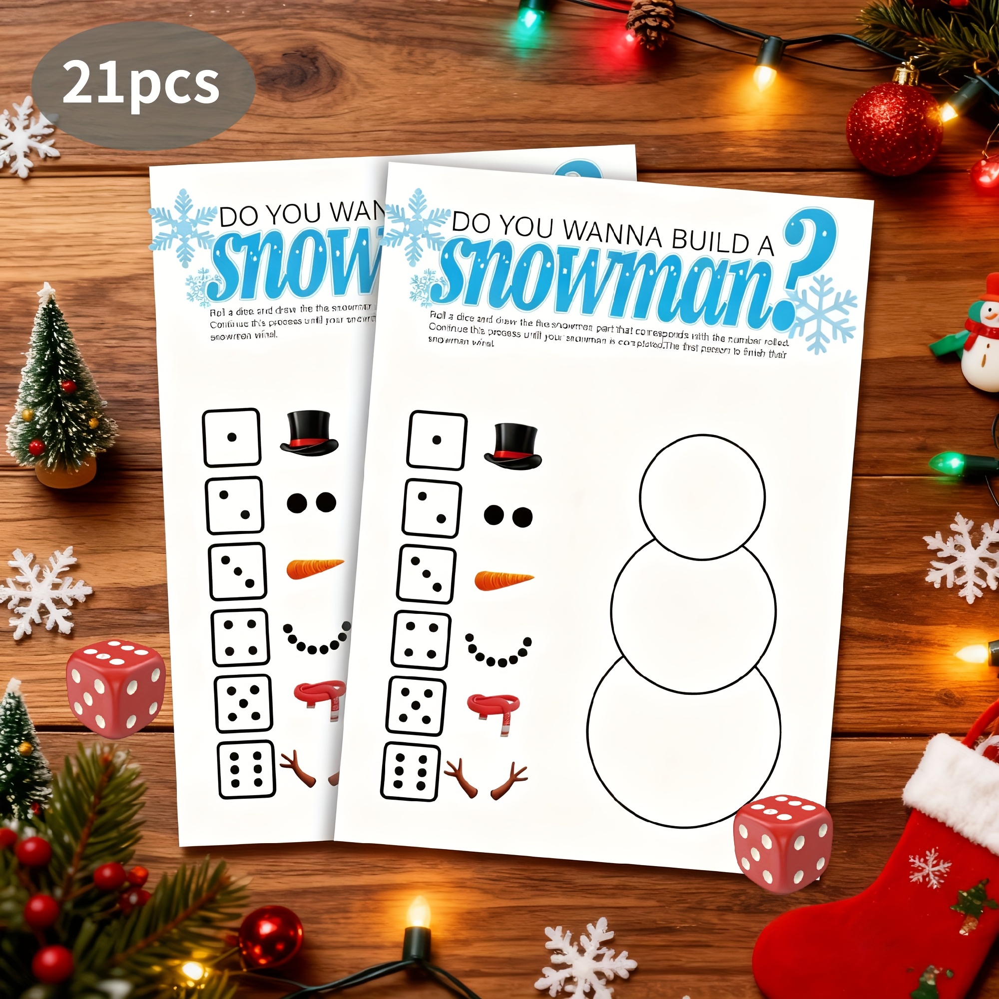 TEMU 21pcs, Roll A Snowman Game Cards, Dice Rolling Game Set, Draw A Snowman Game - Suitable For Family Gatherings And Holiday , , Activity Supplies,