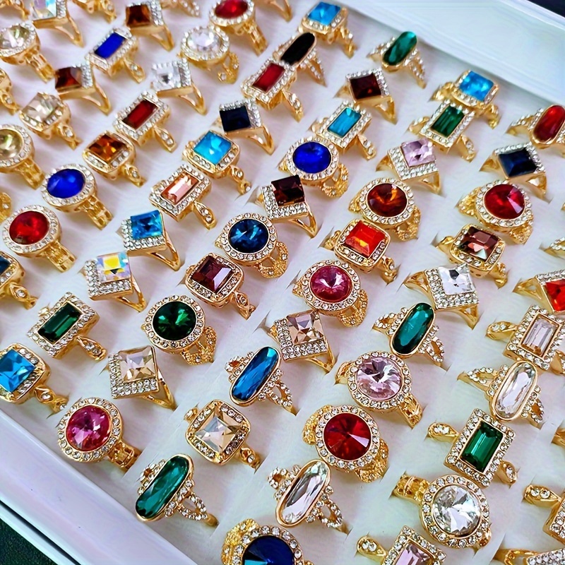 

30pcs Women Chunky Vintage Ring, Women Rings With Synthetic Glass Gemstone Rhinestone Inlay - Colorful Geometric Glass Unique Mixed Style Finger Jewelry For Parties And Gifts