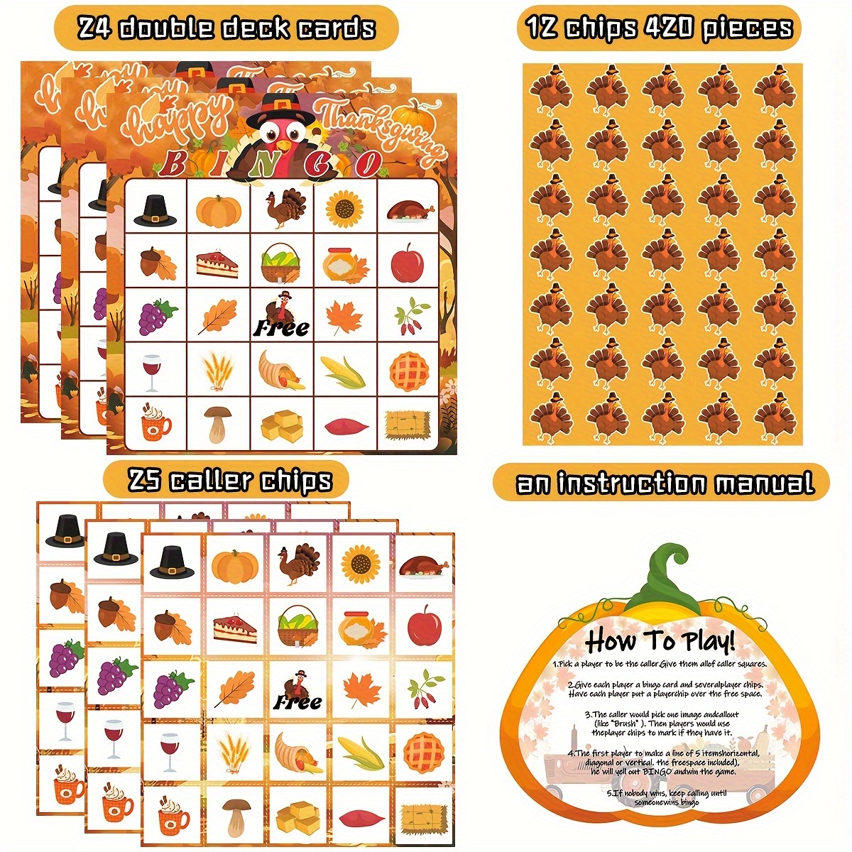 

Turkey , Thanksgiving Bingo Game Set For 24 Players - Family & Classroom Activities, Autumn Party Favors