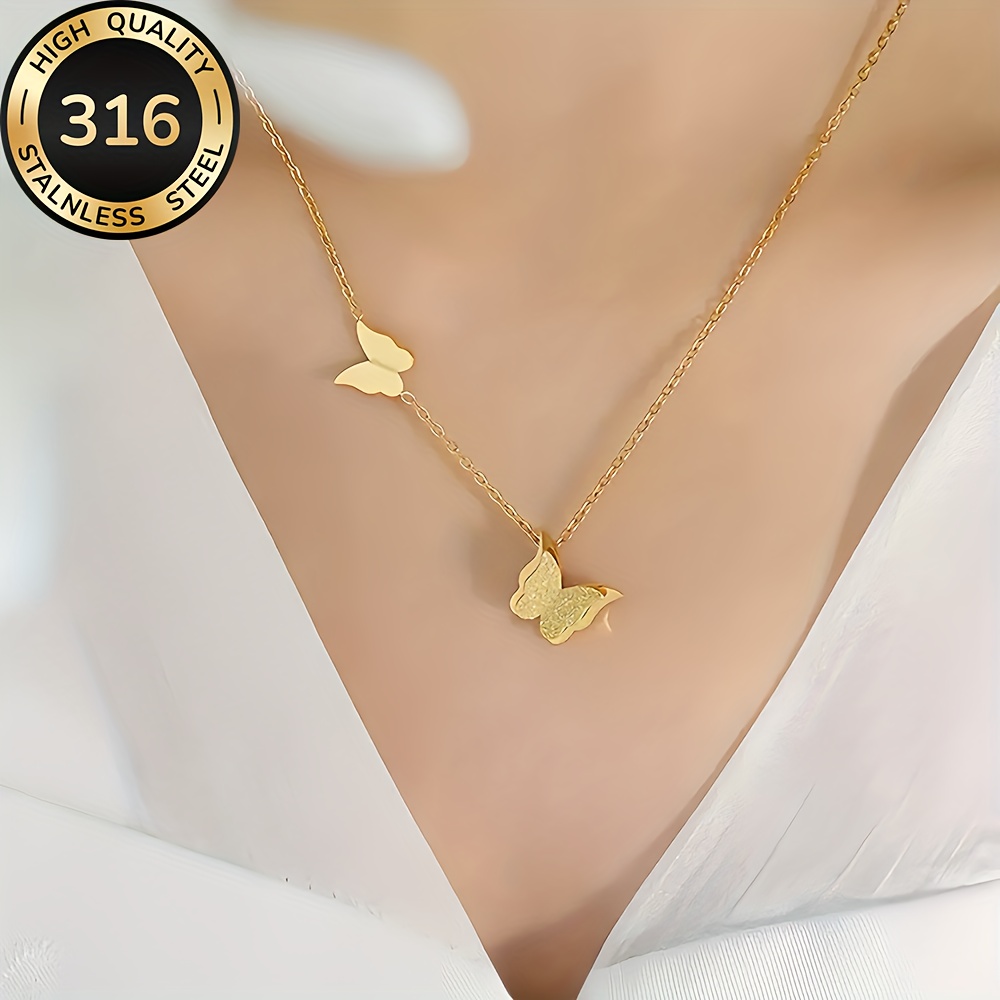 Women's Golden Butterfly Stainless Steel Necklace, Elegant Gift