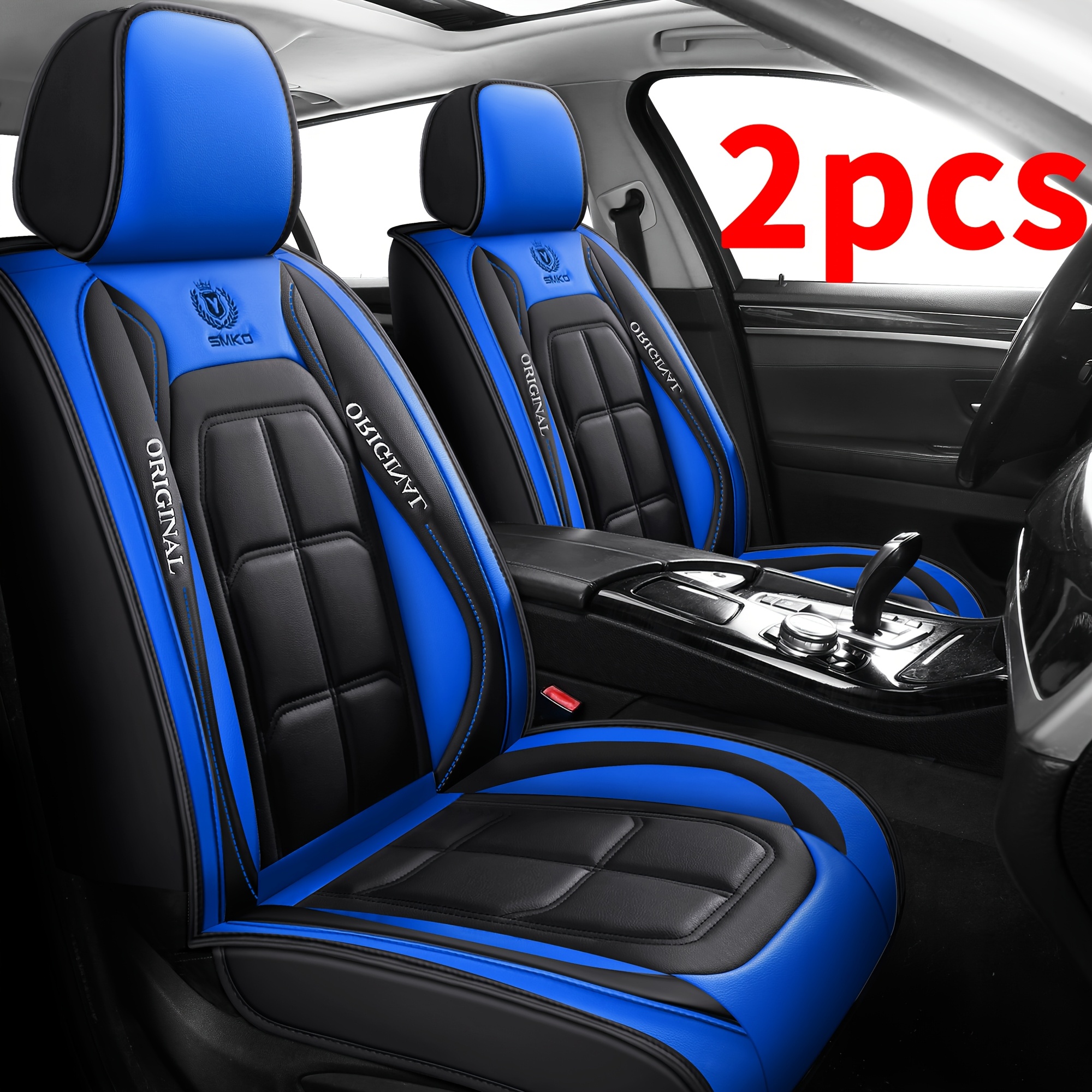 TEMU [blue Car Seat Covers] 2pcs Pu Leather Car Seat Covers, Universal Fit For Most Cars & Suvs, Full Wrap Front Seat Protectors With Red Stitching,